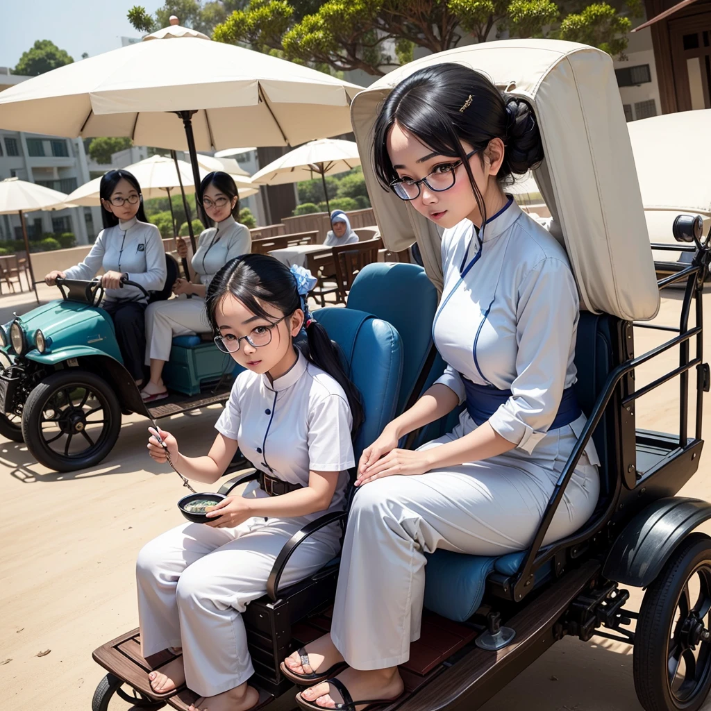 A cute Thai round-faced Asian woman wearing glasses and a white hotel staff uniform with blue long pants is driving a hotel buggy,six beautiful Arab women seated on buggy,Seaview,background,friendship