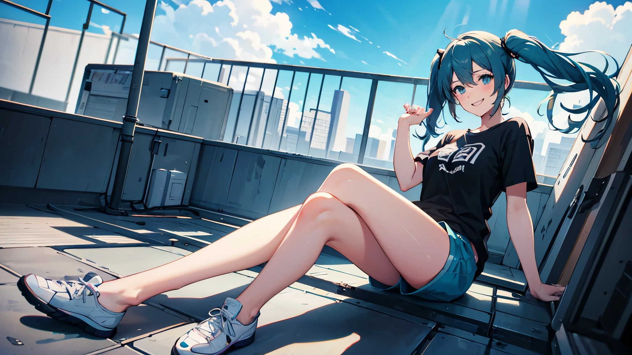 best quality, masterpiece, high resolution, solitary, (Hatsune_future_Blue File:1.10), 1 girl, t-shirt，shorts，black，Looking at the audience, Heart, blush, Smile, Residence, Print 14 ，full-body shot。8K，Best quality，Stand on the roof，Blue sky