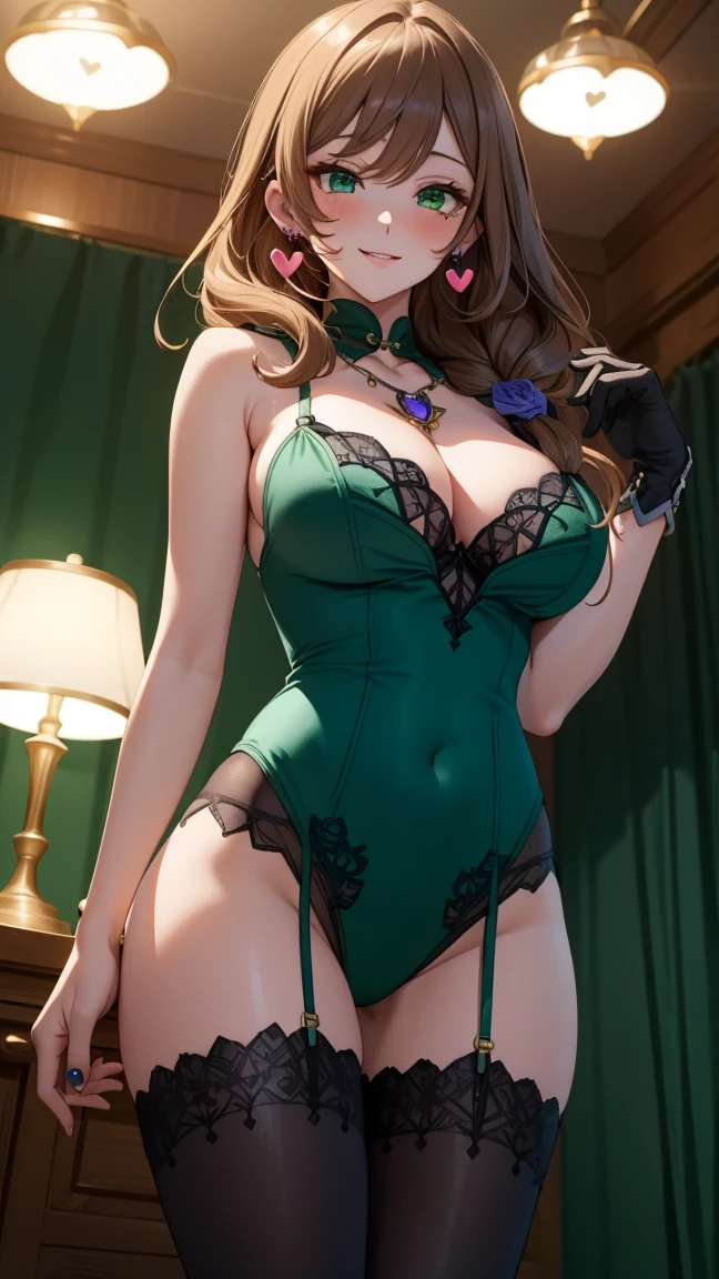 Masterpiece, Super Detail, High Quality, 8K CG, Huge Breasts, Night, Blushing, Smiling, Bright Eyes, Standing, (Shining Eyes:1.5), Upper Body Detail, beautiful Face and body, (((Sexy dark green micro lingerie, heart earrings))), sexy pose
