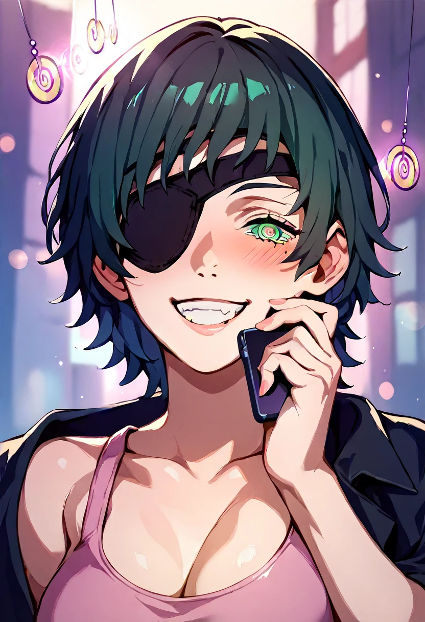 mature female, mature, Adult, himeno, himeno(Chainsaw Man), 1girl, black hair, short hair, eyepatch, solo, hypnosis, brainwashed, blush, phone, heart, eye symbol, rating_questionable, seductive smile, grin, nsfw, Villains, chest, View your audience, Night town, City, skyscraper, Night, Dark, latex pink leotard under the black cape, masterpiece, Top animation quality，Top image quality,