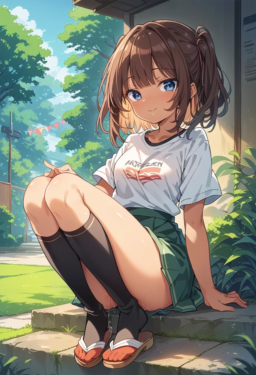 BREAK Perfect Anatomy、(High resolution:1.2)、Incredible illustrations、(Cute illustrations:1.2)、 (nsfw)(hip focus,) (Beautiful background(bushes in the park)) 1girl((brown hair,asymmetric bangs, tanned skin: 1.4,blue eyes,fang)1girl((a girl,slender 1.3meters, 25kg, (( shirt, hot pants,thigh-high socks, sandals),clothes lift shirt,(half undres hot pants)))(heavy breathing:1.3 ,vulgarity ,pussy juice:1.2),Kneeling