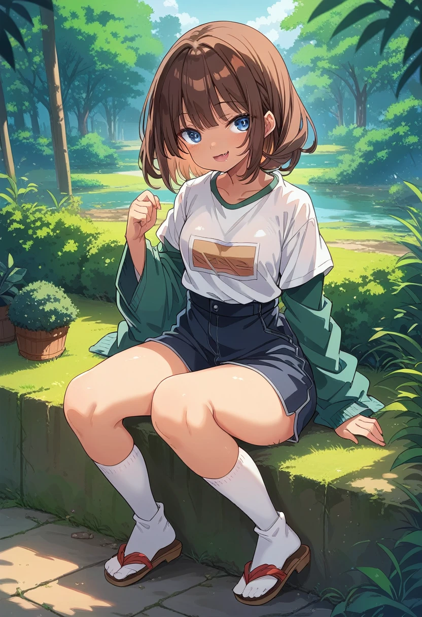 BREAK Perfect Anatomy、(High resolution:1.2)、Incredible illustrations、(Cute illustrations:1.2)、 (nsfw)(hip focus,) (Beautiful background(bushes in the park)) 1girl((brown hair,asymmetric bangs, tanned skin: 1.4,blue eyes,fang)1girl((a girl,slender 1.3meters, 25kg, (( shirt, hot pants,thigh-high socks, sandals),clothes lift shirt,(half undres hot pants)))(heavy breathing:1.3 ,vulgarity ,pussy juice:1.2),Kneeling