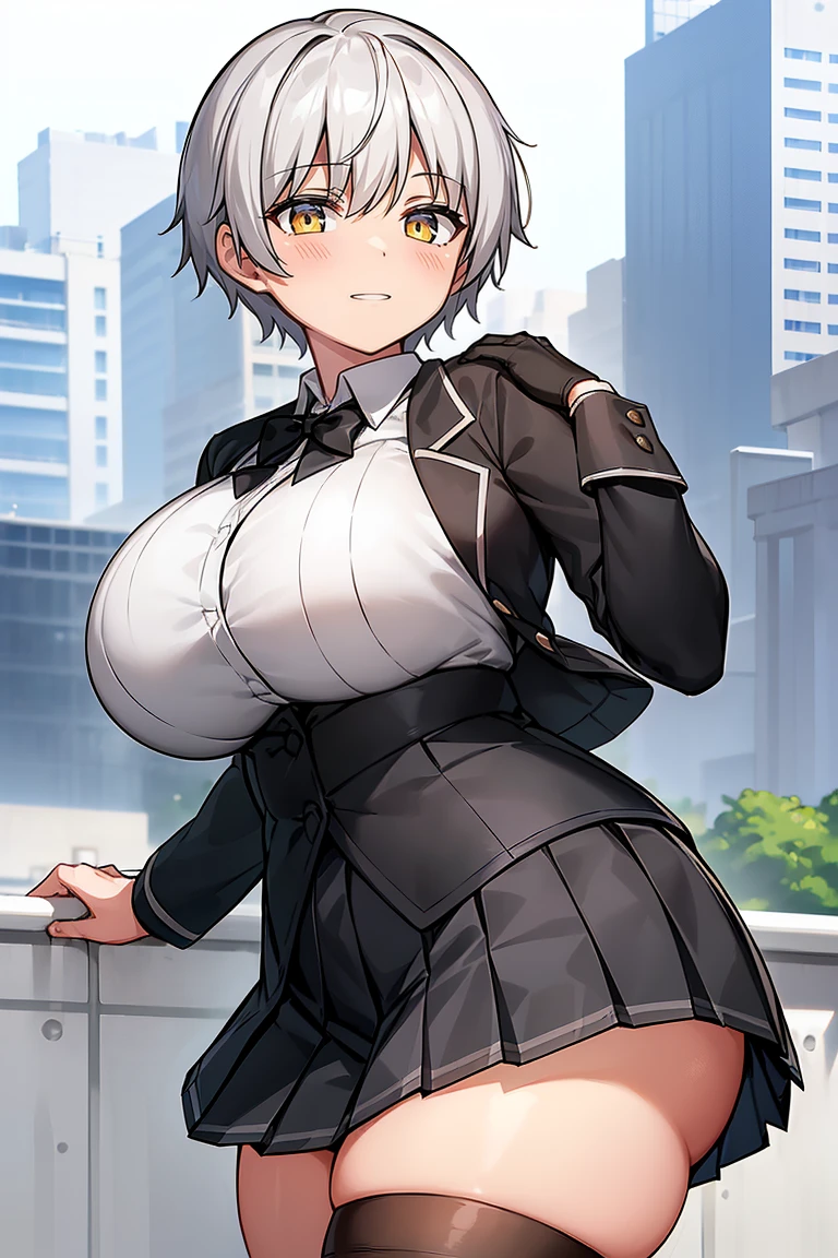 (White long sleeve collared shirt:1.1), (Huge breasts:1.2), Modern Japan, School rooftop, smile, (Very short pleated mini skirt:1.4), Knee, Thighs, , (Black blazer:1.3), Short Hair, (miyabi_face:1.2), Short Hair,, Silver Hair