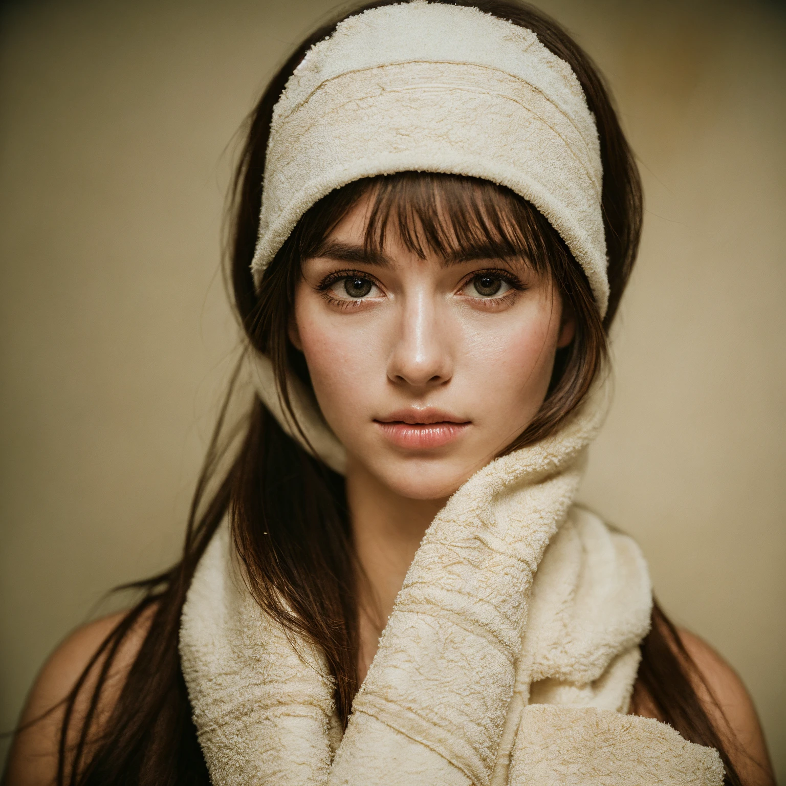 (amateur photo) of a 25 year old girl with a facial treatment mask, wearing a towel wrapped around her hair, candid photo, trunk, Under discreet lighting, From  above, filmed on an Agfa Vista, flash photography, taken on an old camera, polaroid, 8K, highy detailed, Detailed texture skin, natural skin texture, perfects eyes, Perfect iris, high detail eyes, detailed iris, detailed cloth texture, perfects eyes, detailedeyes, (high qualiy, best qualityer:1.3), Extremely high resolution, Film grain, dslr, Kodak Portra 400 F1 Camera.6 lenses, 35mm, Fujifilm Superia Premium 400, Nikon D850.