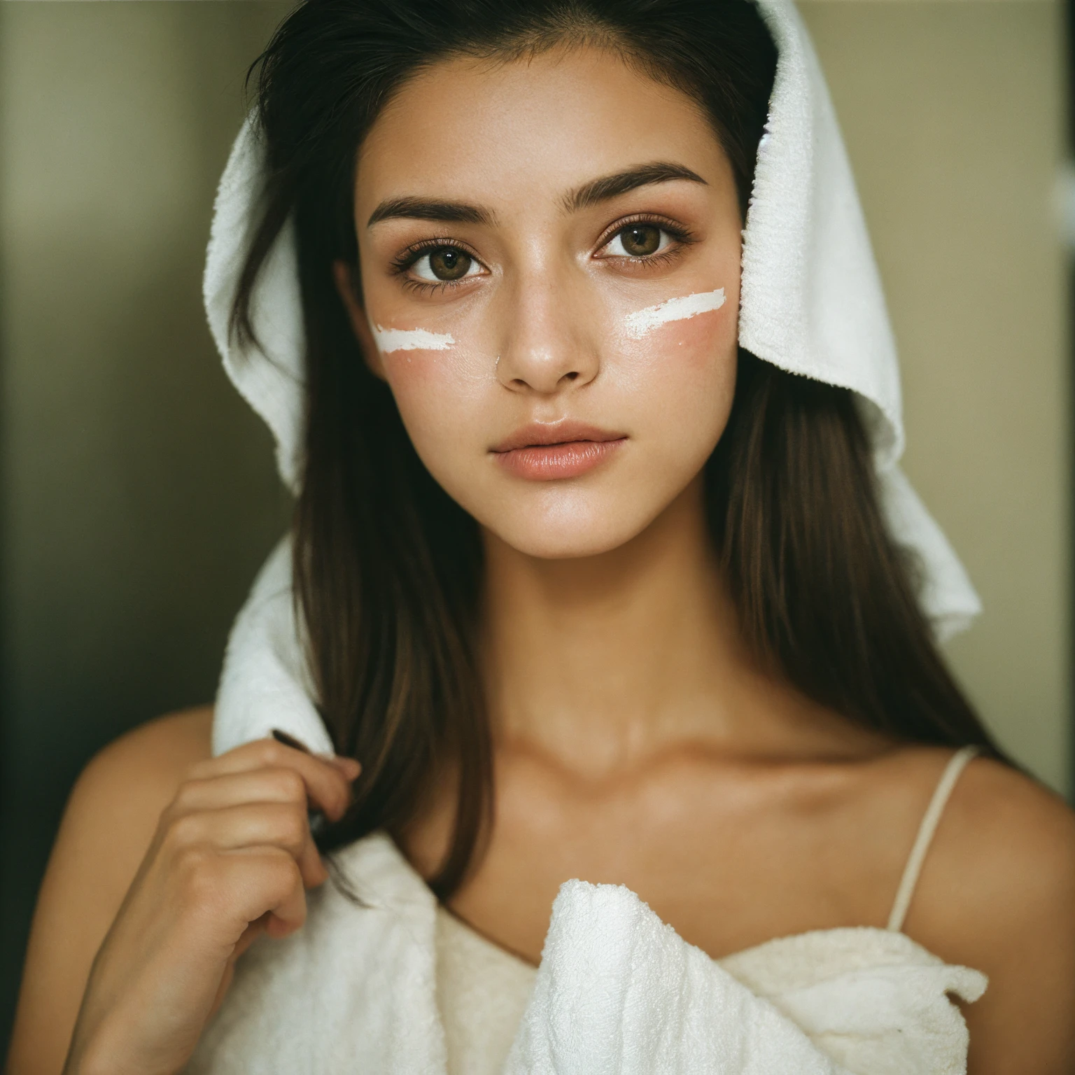 (amateur photo) of a 25 year old girl with a facial treatment mask, wearing a towel wrapped around her hair, candid photo, trunk, Under discreet lighting, From above, filmed on an Agfa Vista, flash photography, taken on an old camera, polaroid, 8K, highy detailed, Detailed texture skin, natural skin texture, perfects eyes, Perfect iris, high detail eyes, detailed iris, detailed cloth texture, perfects eyes, detailedeyes, (high qualiy, best qualityer:1.3), Extremely high resolution, Film grain, dslr, Kodak Portra 400 F1 Camera.6 lenses, 35mm, Fujifilm Superia Premium 400, Nikon D850.