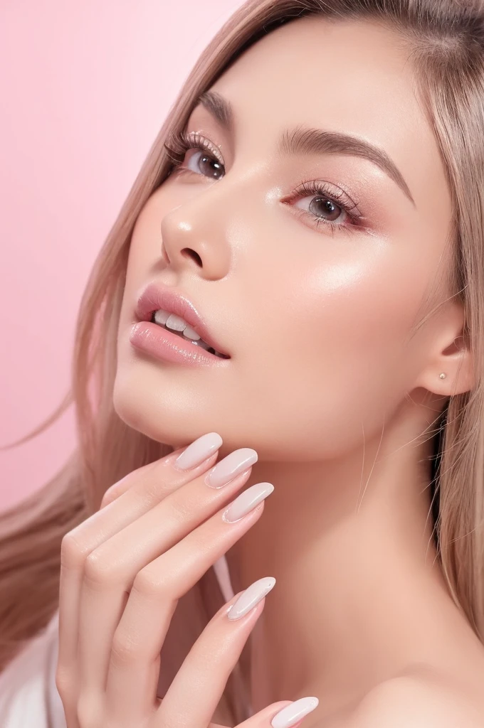 A close-up portrait of a woman in a salon setting, focusing on her hair, eyelashes, and eyebrows. She has dusty pink nail polish on her nails, which are clearly visible as her hand gently touches her cheek. Her hand is elegantly positioned with well-defined fingers and nails. The background is pure white, creating a clean and bright atmosphere.