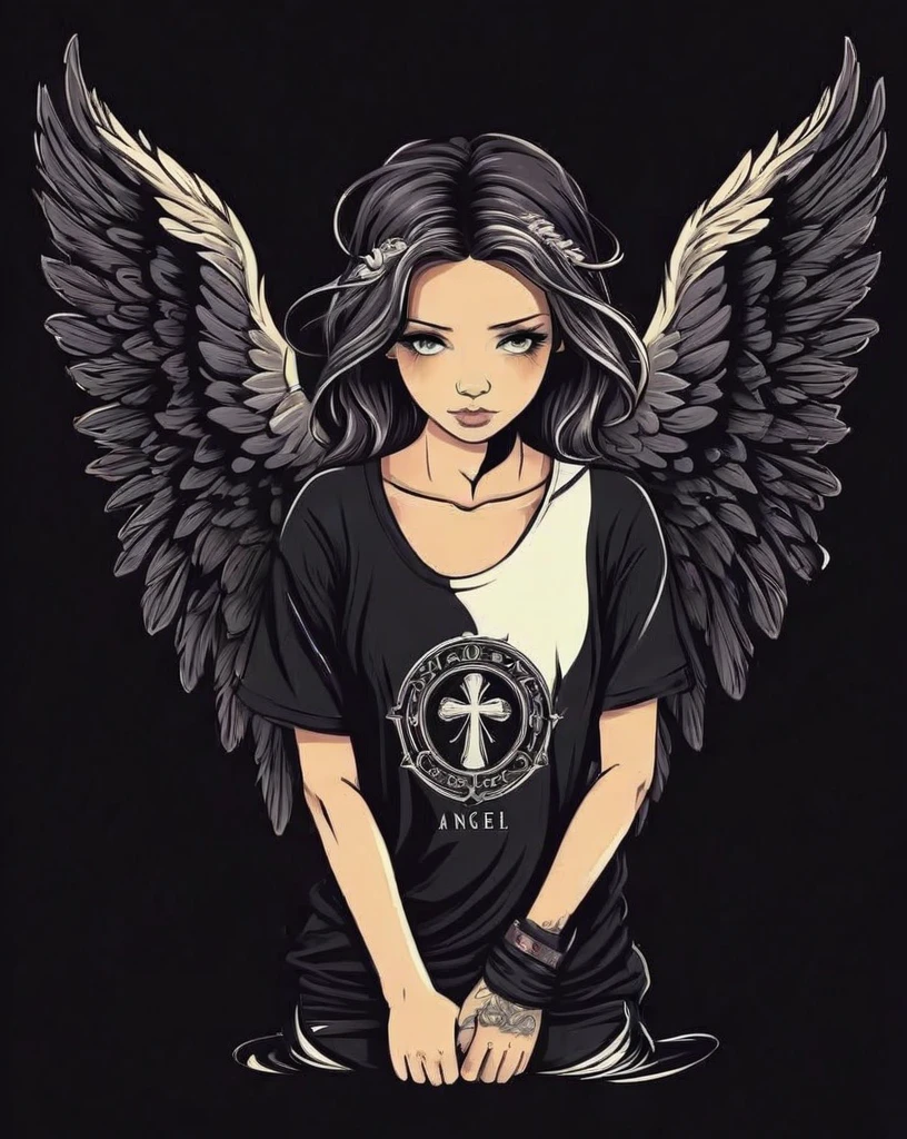 design de camiseta de angel, text logo: angel, flat-colors, Tattoo style, (black backdrop),