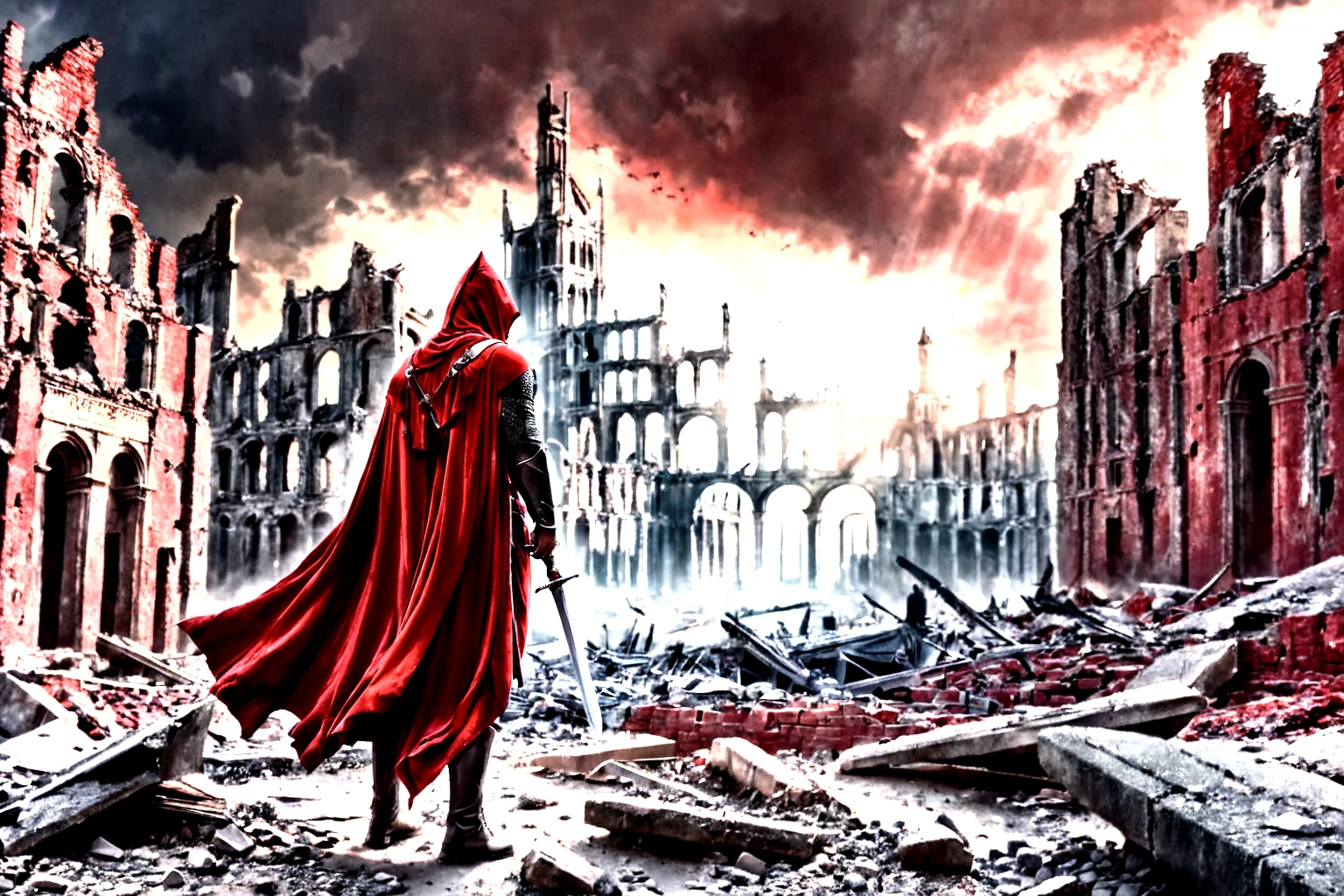 HDR, BEST IMAGE, A SOLDIER OF GOD WITH SWORD, WITH RED CAPE, FROM THE HEAVENS, IN FRONT OF A DESTROYED CITY, COLOR IMAGE, RUINS ON THE GROUND,