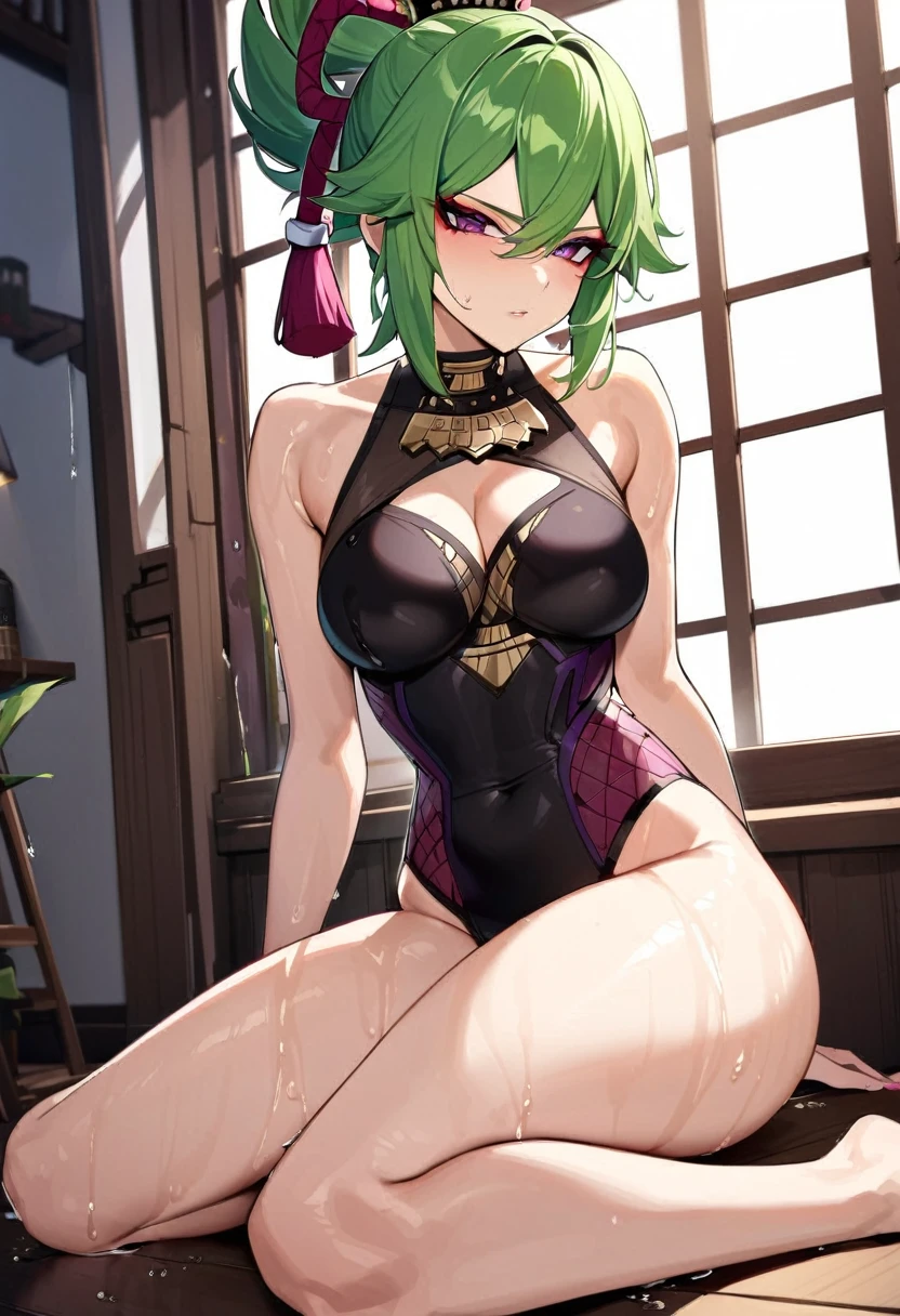 Masterpiece, kuki shinobu, dark green hair, genshin impact, Hot, busty, medium breasts, home, posing, thighs, sexy, wet,