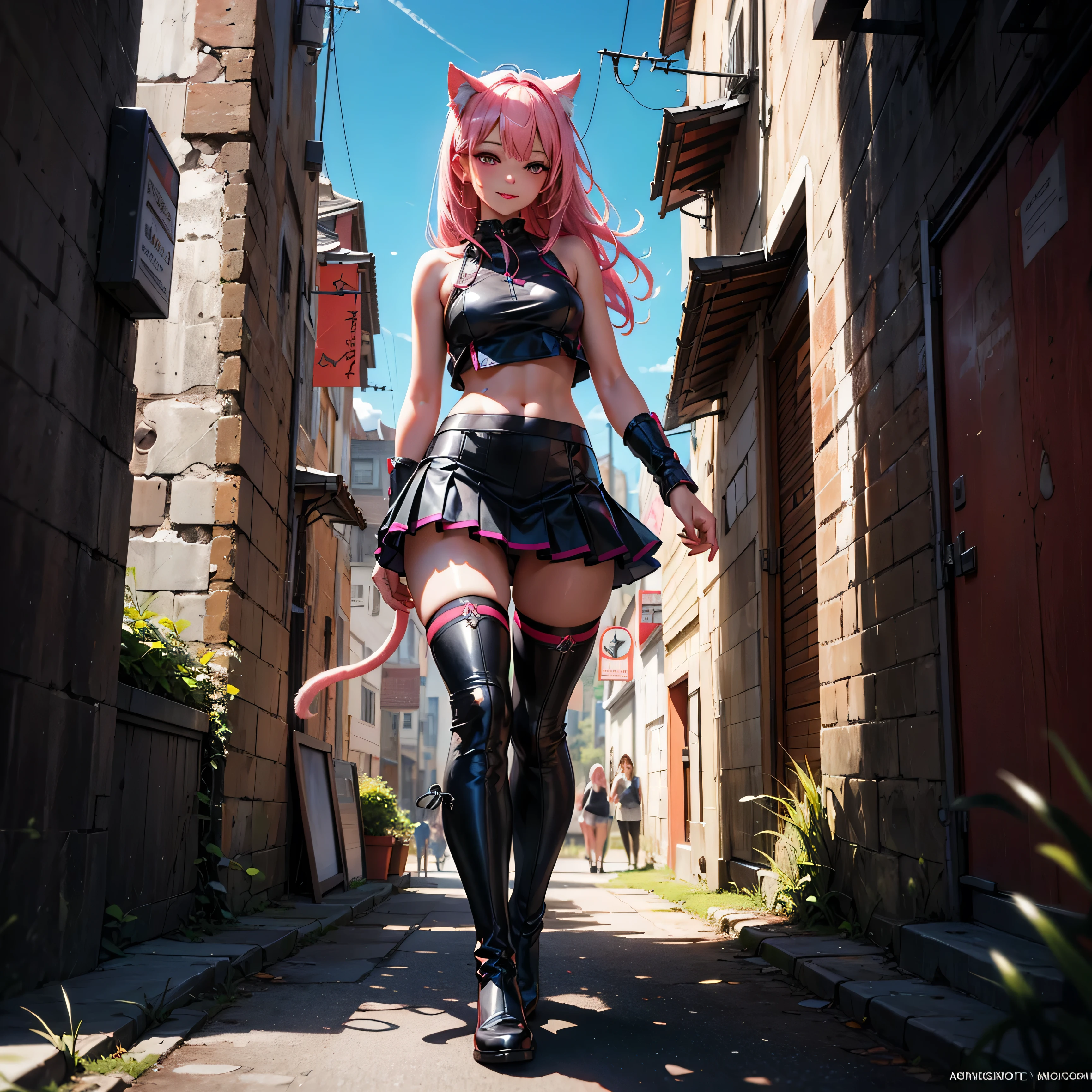 1girl, nekogirl, (solo), long straight hair, light pink hair, cat ears, without ears, cat tails, big breasts, small size, pink eyes, fair skin, glossy lips, red small skirt, white crop top, bare arms, black thigh-high boots, smile, looking down on viewer, sexy pose, walking down, naked sex, sex view, full body, (days), sun, town, (very sexy body, detailed face, masterpiece, highly detailed, 8k, best quality, vibrant colors, digital art, concept art)