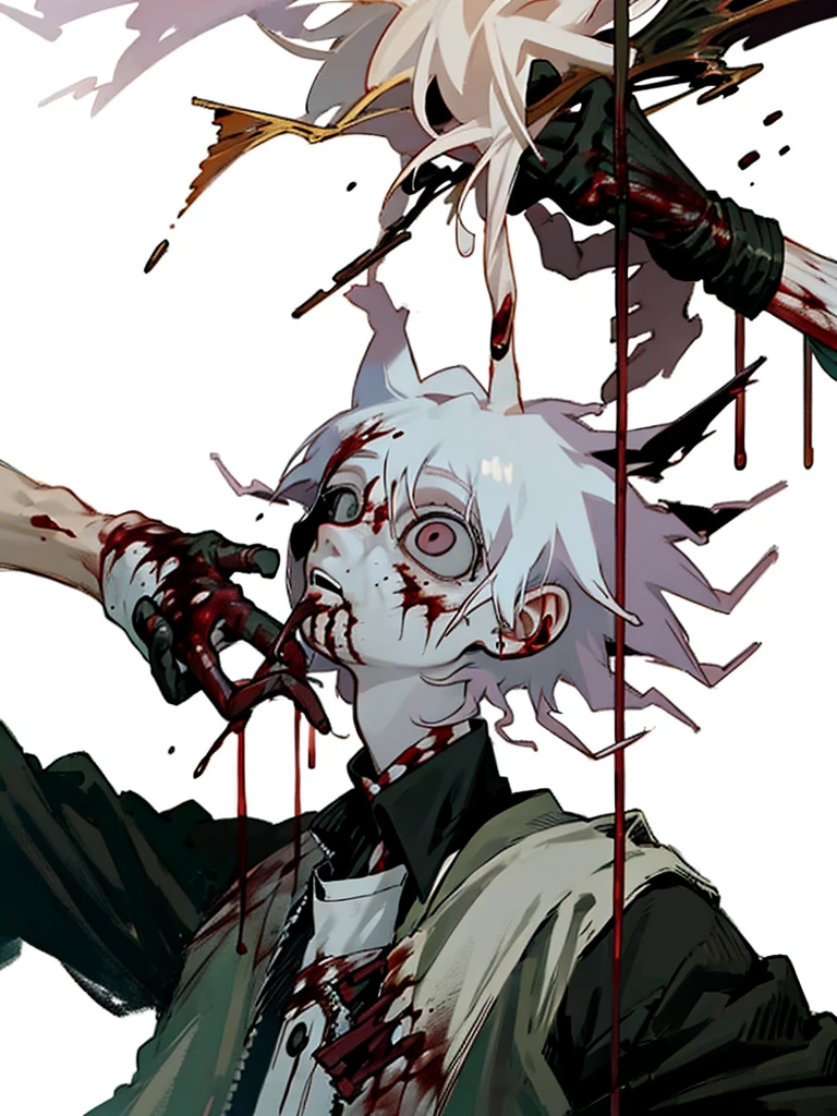 anime character with Blood dripping down his face and hands, gapmoe sick, gapmoe sick grimdark, sick, portrait gapmoe sick grimdark, danganronpa digital art, his eyes are, Bloody + concept art, Komaeda Nagito, guweiz, Kaneki Ken, [[Blood]]