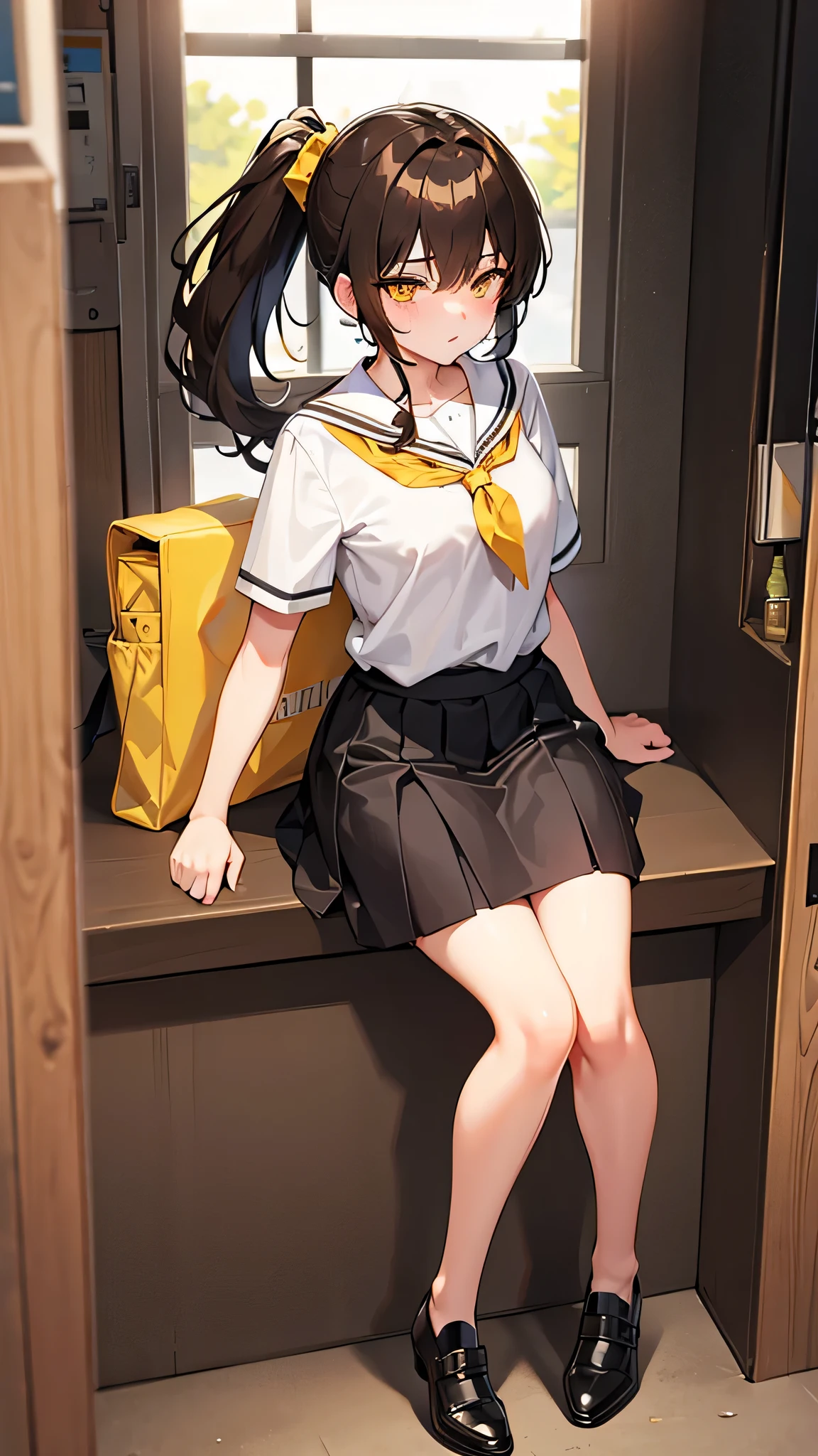, Brown ponytail, Golden yellow eyes, student, school, Age 17, full body