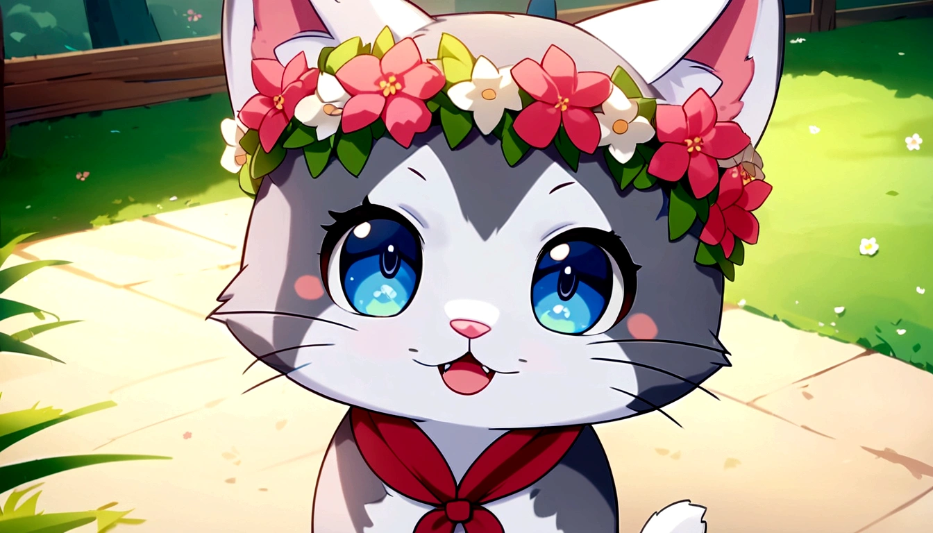 A cat, blue eyes, flower crown, bow on chest, (cute detailed digital art), (furry art), cute digital art, cute digital painting, very pretty cute, cute detailed artwork, (cute), cute digital art, detailed digital art painting, cute, cute artwork, cute cat anime visual effects, cute cat, cute, anime, cute animal kawaii cat, 8k