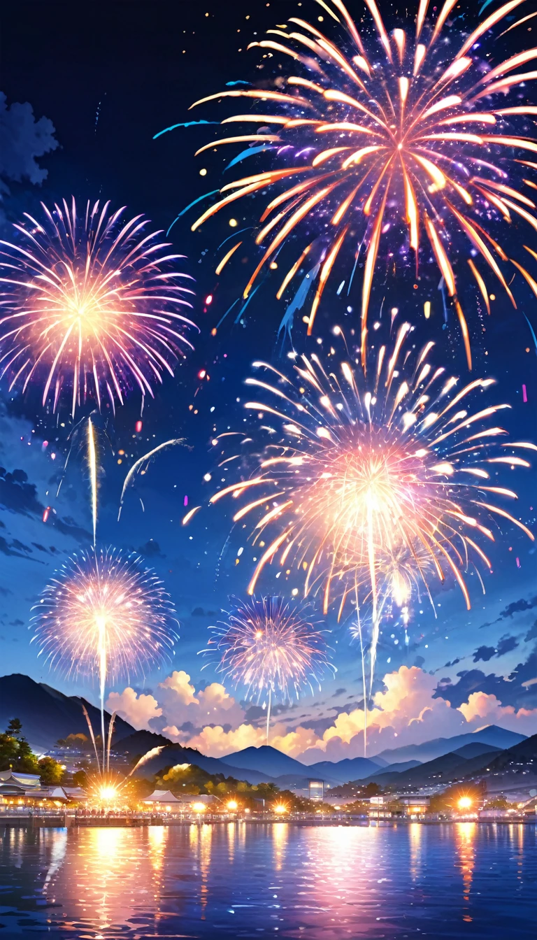 Fireworks display、National Fireworks Festival、lake、Underwater fireworks、Fireworks from the water Fireworks blooming on the water、colorful fireworks、Japan、fireworks