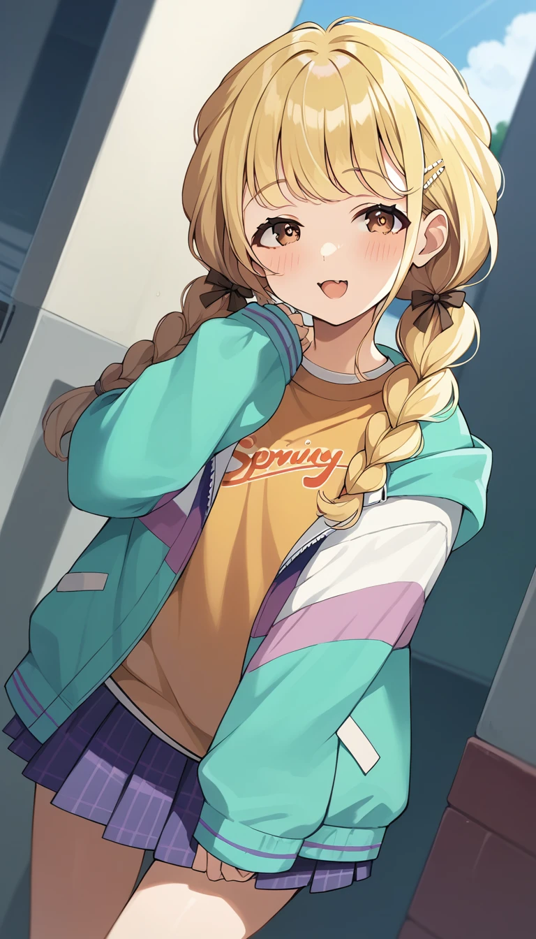 score_9, score_8_up, score_7_up, source_anime, rating_safe, kotone-default,fujita kotone,brown eyes, blonde hair,twin braids,hair ornament,(white hairclip:0.8), multicolored hoodie,sleeves past wrists,orange shirt,pleated skirt,plaid skirt, heart eyes,open mouth,dutch angle,small breast ,blush,beautiful face,beautiful eyes,details eyes