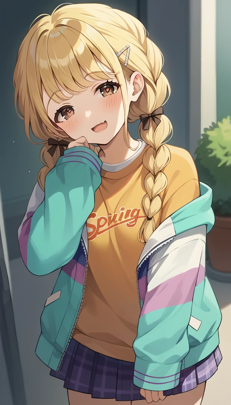 score_9, score_8_up, score_7_up, source_anime, rating_safe, kotone-default,fujita kotone,brown eyes, blonde hair,twin braids,hair ornament,(white hairclip:0.8), multicolored hoodie,sleeves past wrists,orange shirt,pleated skirt,plaid skirt, heart eyes,open mouth,dutch angle,small breast ,blush,beautiful face,beautiful eyes,details eyes