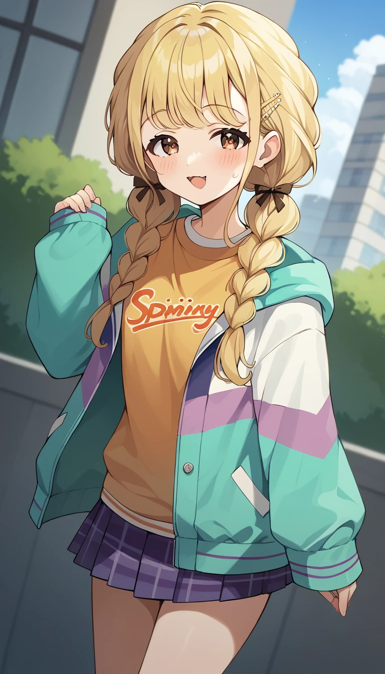 score_9, score_8_up, score_7_up, source_anime, rating_safe, kotone-default,fujita kotone,brown eyes, blonde hair,twin braids,hair ornament,(white hairclip:0.8), multicolored hoodie,sleeves past wrists,orange shirt,pleated skirt,plaid skirt, heart eyes,open mouth,dutch angle,small breast ,blush,beautiful face,beautiful eyes,details eyes