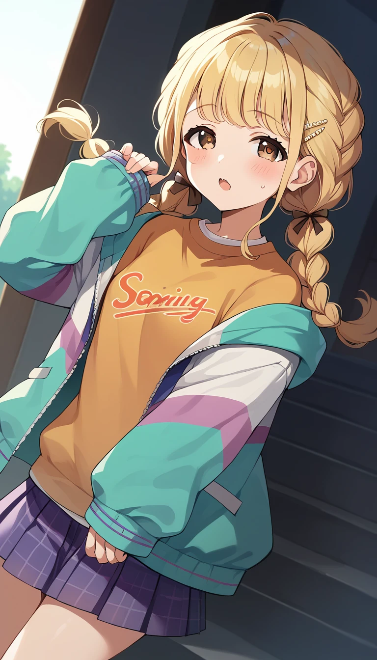 score_9, score_8_up, score_7_up, source_anime, rating_safe, kotone-default,fujita kotone,brown eyes, blonde hair,twin braids,hair ornament,(white hairclip:0.8), multicolored hoodie,sleeves past wrists,orange shirt,pleated skirt,plaid skirt, heart eyes,open mouth,dutch angle,small breast ,blush,beautiful face,beautiful eyes,details eyes