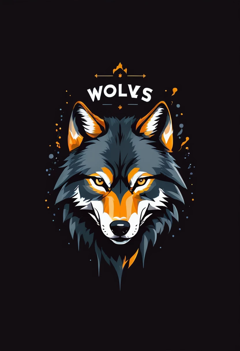 Design de camiseta de wolves, text logo: wolves, flat-colors, black backdrop,