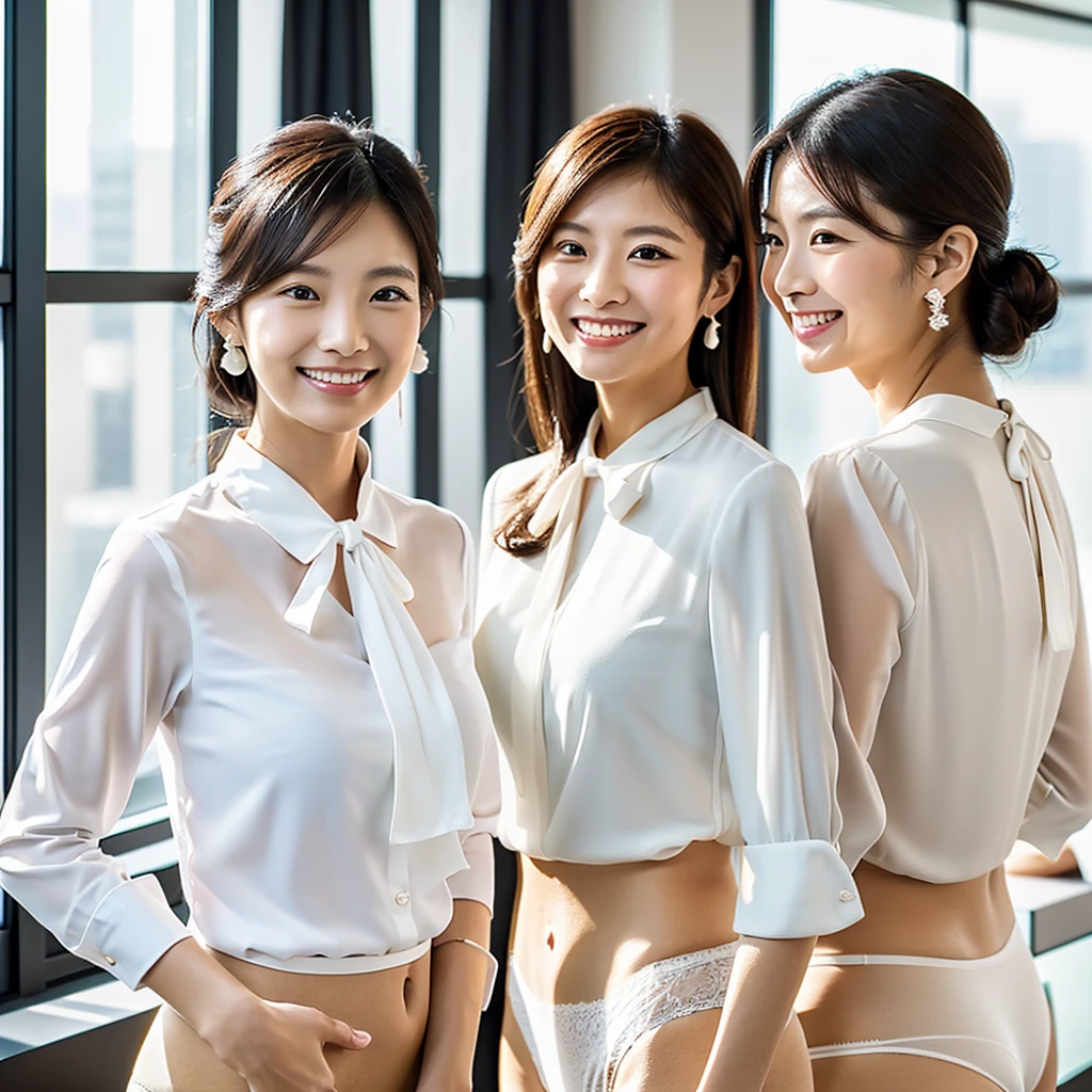 (A close-up photo of two beautiful Japanese office ladies), Everyone looking at the viewer, Standing in a large office, (All smiling), Highest Resolution, masterpiece, (All wearing elegant formal white high-neck blouse, white bow-tie and panties), All wearing earrings