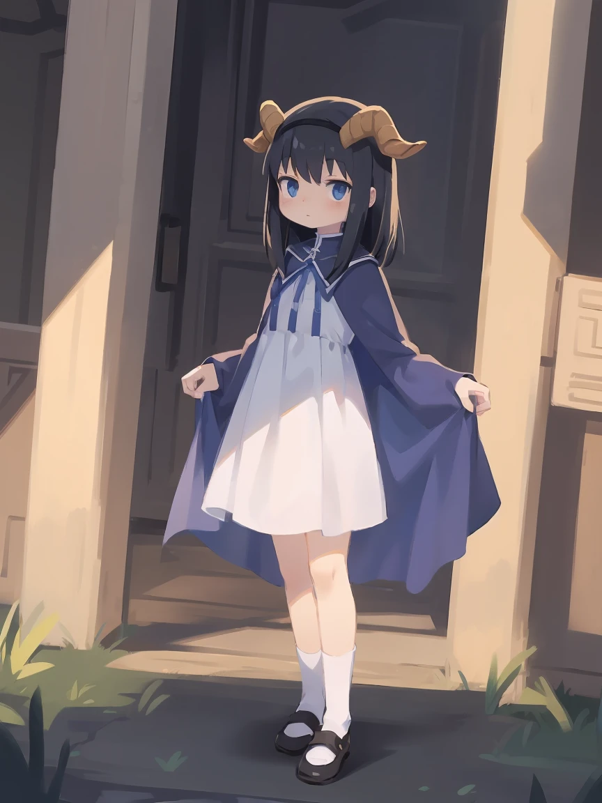 a cartoon image of a girl in a blue cape and white dress, an anime drawing by Jin Homura, pixiv, anime style like fate/stay night, black hair, goat horns, standing, full body