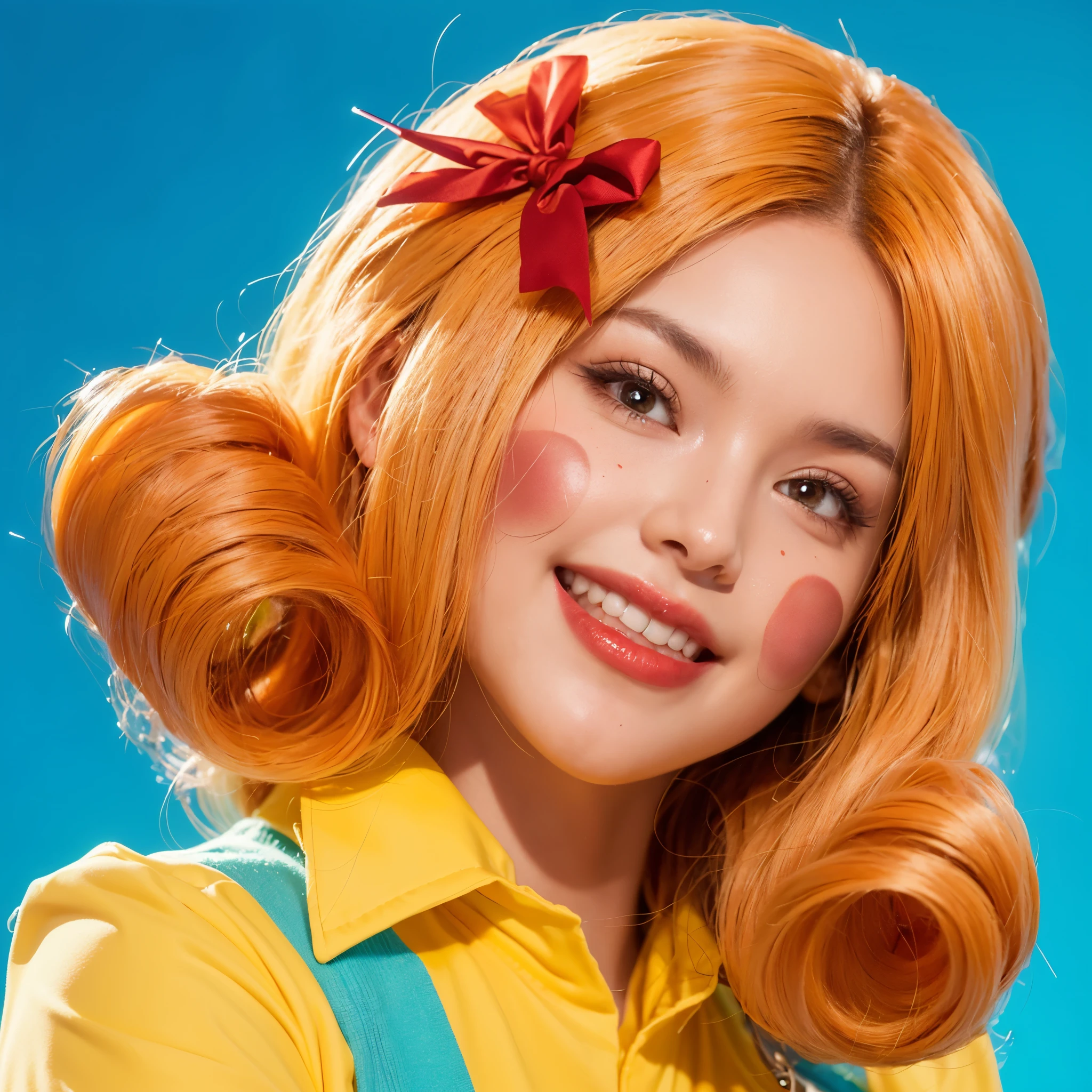 This image features a young woman with a radiant and whimsical appearance. She has vibrant orange hair styled in playful, voluminous curls and adorned with a bright red bow. Her makeup is theatrical with large, round red blush spots on her cheeks, complementing her cheerful smile. Her outfit, partially visible, includes a bright yellow top, adding to the colorful, lively theme. The background is a solid, bright blue, enhancing the vividness of her hair and makeup. The overall look of the woman is reminiscent of a classic cartoon or comic character, full of joy and exuberance. This image captures a playful and exuberant essence, perfectly suited for a character full of life and happiness. rich, colorful environment.chalk inscription  3d model, multiple light sources, rim light, sharp post broken glass magic ball of turquoise color with fragments lying nearby frame above from above on a white background effects render, (glossy plastic texture with multiple big light probe refractions), perfect cgi, smooth silhouette, high intensity refraction, (super glossy plastic material), most beautiful vfx, , realistic, 4k, high resolution, rim light, smooth 3d model, multiple light sources, rim light, sharp post effects render,, realistic, 4k, high resolution, rim light detailed digital art, reflective, best quality, 4k, masterpiece:1.2, ultra-detailed, realistic, vivid colors, The image of the highest quality, ensuring every detail showcased perfectly. It in 4k resolution, allowing viewers to immerse themselves in the richness of the colors and intricate details. The realistic rendering. under the spotlight, reflecting, high-resolution image, realistic rendering