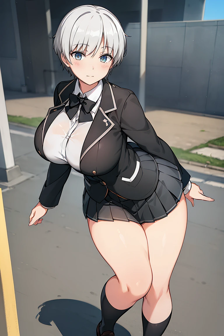 (White long sleeve collared shirt:1.1), (Huge breasts:1.2), Modern Japan, School rooftop, smile, (Very short pleated mini skirt:1.4), Knee, Thighs, , (Black blazer:1.3), Short Hair, (miyabi_face:1.2), Short Hair,, Silver Hair