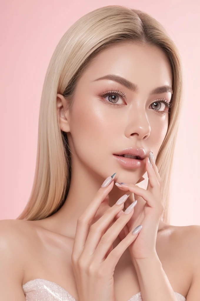 A close-up portrait of a woman in a salon setting, focusing on her hair, eyelashes, and eyebrows. She has dusty pink nail polish on her nails, which are clearly visible as her hand gently touches her cheek. Her hand is elegantly positioned with well-defined fingers and nails. The background is pure white, creating a clean and bright atmosphere.