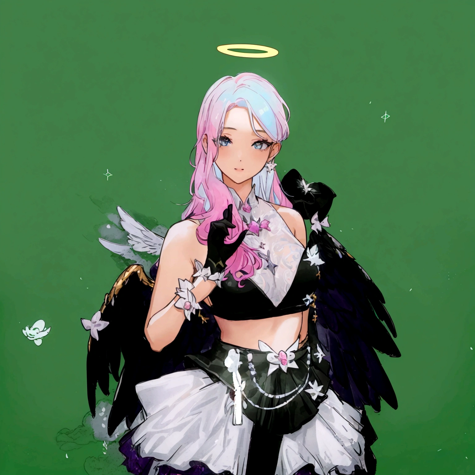 there is a woman with pink hair and angel wings posing, wearing angel halo, young wan angel, full - body majestic angel, wearing angel, villainess has black angel wings, angelic halo, angel halo, angel knight girl, as a mystical valkyrie, of an beautiful angel girl, kda, epic angel wings, npc with a saint's halo, angel knight gothic girl