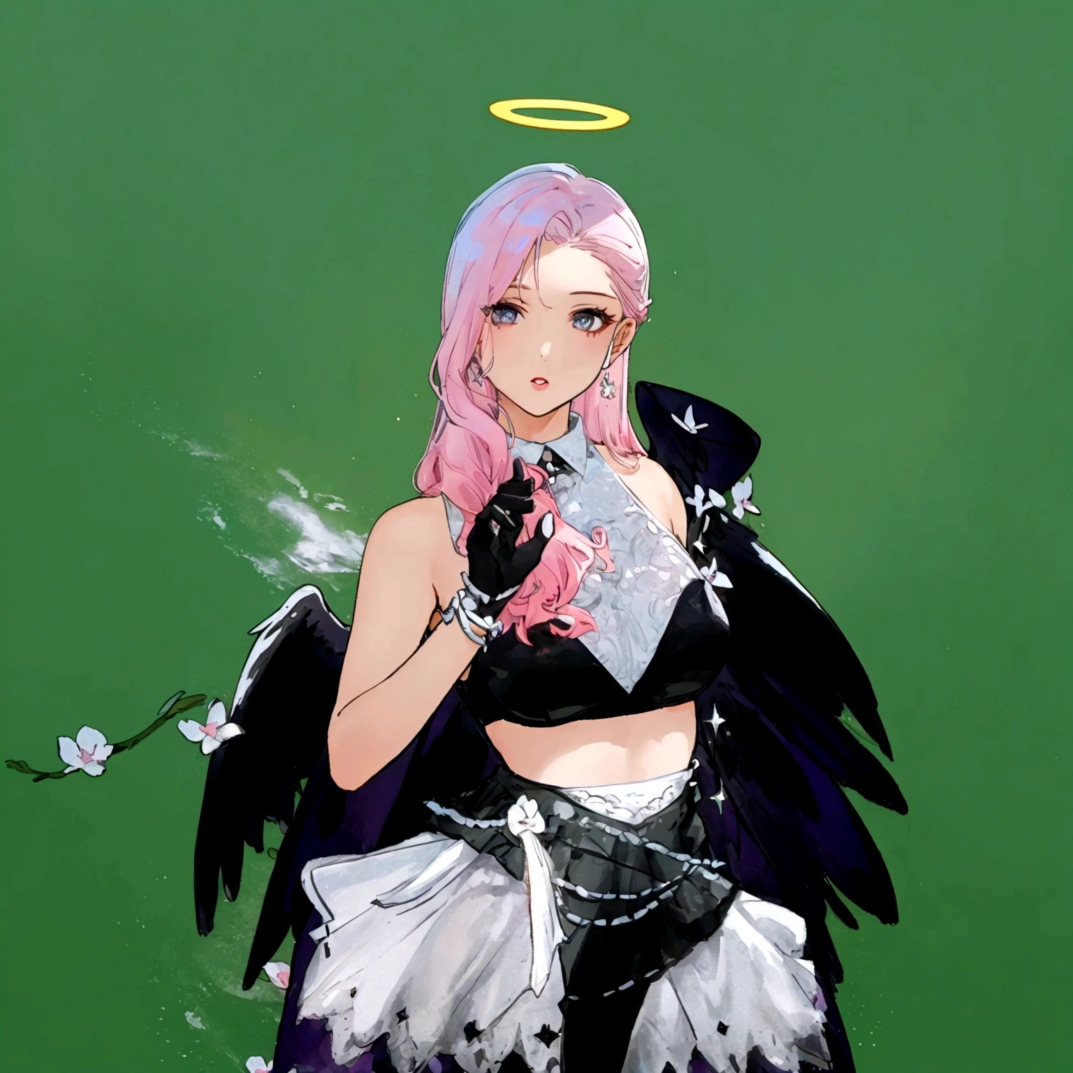 there is a woman with pink hair and angel wings posing, wearing angel halo, young wan angel, full - body majestic angel, wearing angel, villainess has black angel wings, angelic halo, angel halo, angel knight girl, as a mystical valkyrie, of an beautiful angel girl, kda, epic angel wings, npc with a saint's halo, angel knight gothic girl