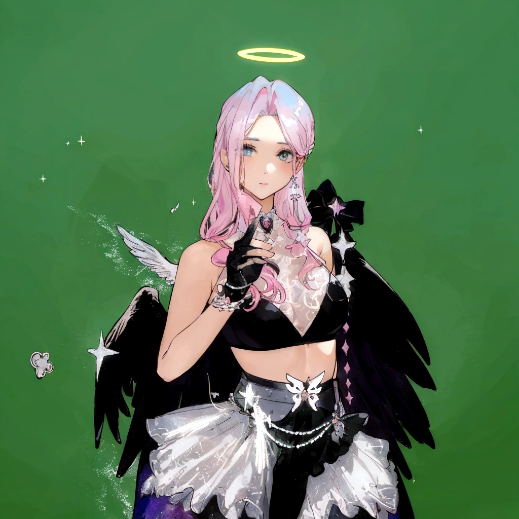 there is a woman with pink hair and angel wings posing, wearing angel halo, young wan angel, full - body majestic angel, wearing angel, villainess has black angel wings, angelic halo, angel halo, angel knight girl, as a mystical valkyrie, of an beautiful angel girl, kda, epic angel wings, npc with a saint's halo, angel knight gothic girl