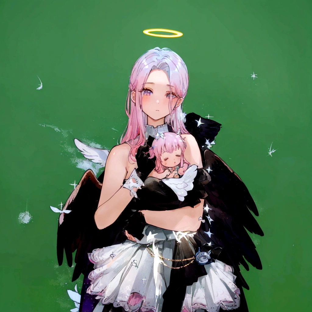 there is a woman with pink hair and angel wings posing, wearing angel halo, young wan angel, full - body majestic angel, wearing angel, villainess has black angel wings, angelic halo, angel halo, angel knight girl, as a mystical valkyrie, of an beautiful angel girl, kda, epic angel wings, npc with a saint's halo, angel knight gothic girl