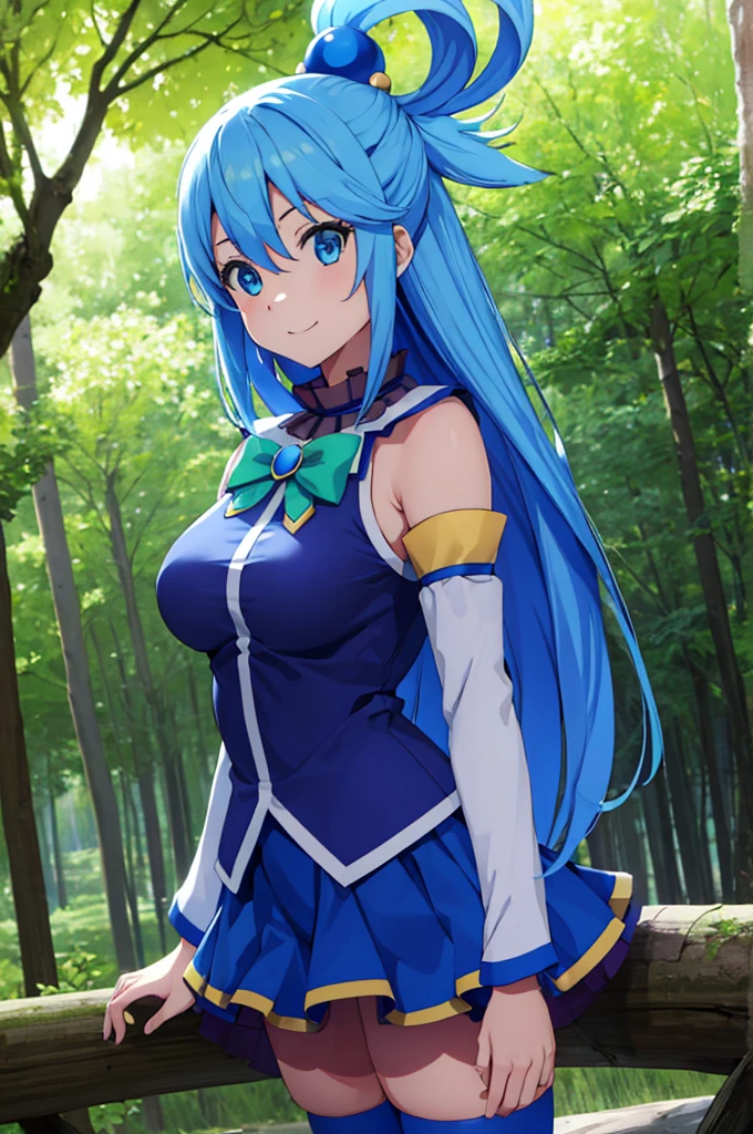 (masterpiece:1.3), (best quality:1.1), (8k, ultra detailed, ultra high res:1.2), ((anime style)), perfect 5 fingers, perfect anatomy,
1girl,
Aqua \(konosuba\),
long hair, single hair ring,
blue hair,
(blue eyes:1.2), (beatiful detailed eyes:1.2), smile, dynamic pose,
green bow,
medium breasts,
BREAK blue shirt, blue skirt, white thighhighs, bare shoulders, detached sleeves, zettai ryouiki,
looking at viewer,
cowboy shot,
standing,
natural light, outdoor, forest, sky,
