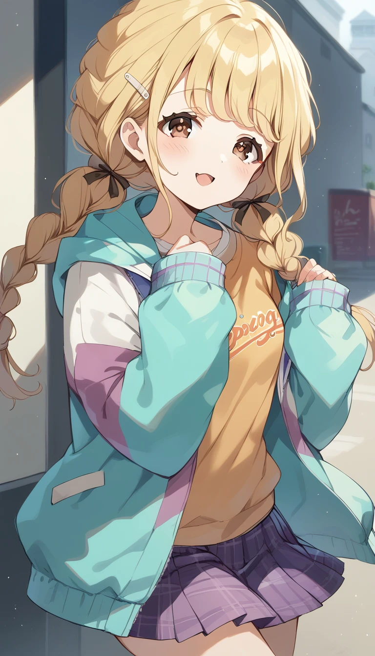 score_9, score_8_up, score_7_up, source_anime, rating_safe, kotone-default,fujita kotone,brown eyes, blonde hair,twin braids,hair ornament,(white hairclip:0.8), multicolored hoodie,sleeves past wrists,orange shirt,pleated skirt,plaid skirt, heart eyes,open mouth,dutch angle,small breast ,blush,beautiful face,beautiful eyes,details eyes