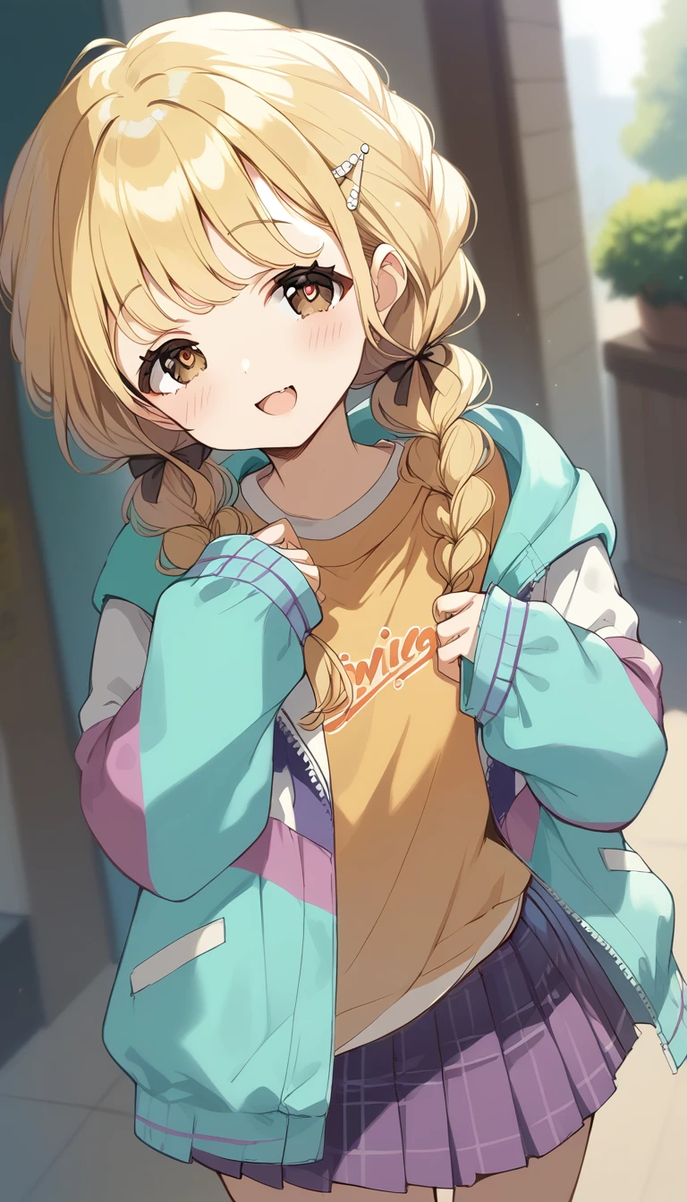 score_9, score_8_up, score_7_up, source_anime, rating_safe, kotone-default,fujita kotone,brown eyes, blonde hair,twin braids,hair ornament,(white hairclip:0.8), multicolored hoodie,sleeves past wrists,orange shirt,pleated skirt,plaid skirt, heart eyes,open mouth,dutch angle,small breast ,blush,beautiful face,beautiful eyes,details eyes