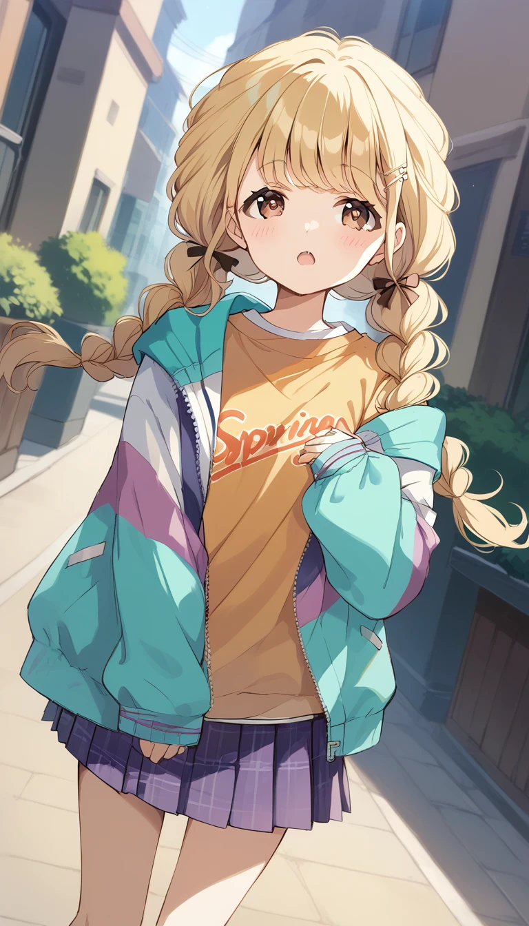 score_9, score_8_up, score_7_up, source_anime, rating_safe, kotone-default,fujita kotone,brown eyes, blonde hair,twin braids,hair ornament,(white hairclip:0.8), multicolored hoodie,sleeves past wrists,orange shirt,pleated skirt,plaid skirt, heart eyes,open mouth,dutch angle,small breast ,blush,beautiful face,beautiful eyes,details eyes