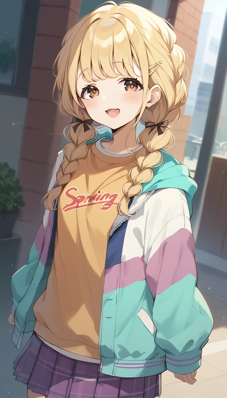 score_9, score_8_up, score_7_up, source_anime, rating_safe, kotone-default,fujita kotone,brown eyes, blonde hair,twin braids,hair ornament,(white hairclip:0.8), multicolored hoodie,sleeves past wrists,orange shirt,pleated skirt,plaid skirt, heart eyes,open mouth,dutch angle,small breast ,blush,beautiful face,beautiful eyes,details eyes