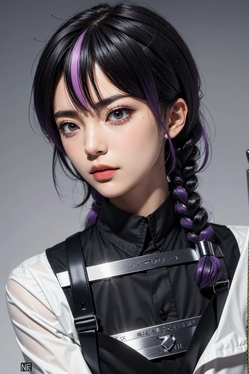 masterpiece, (best quality), perfect eyes, bound, bondage, (arms behind back:1.4), bdsm, tape gag, tape, tape bondage, close-up, restrained, best anatomy, curled up, upper body, shinobu kochou, black hair, butterfly hair ornament, forehead, gradient hair, hair ornament, multicolored hair, parted bangs, purple hair, short hair, two-tone hair, belt, black pants, demon slayer uniform, japanese clothes, pants, uniform,