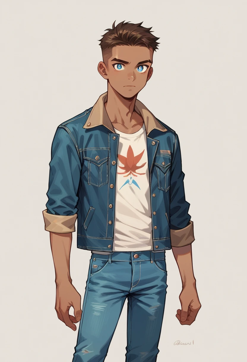  Human Male Young adult, clear  skin , Brown fade haircut, blue pupils, wearing Pants , wearing Denim Jacket , 