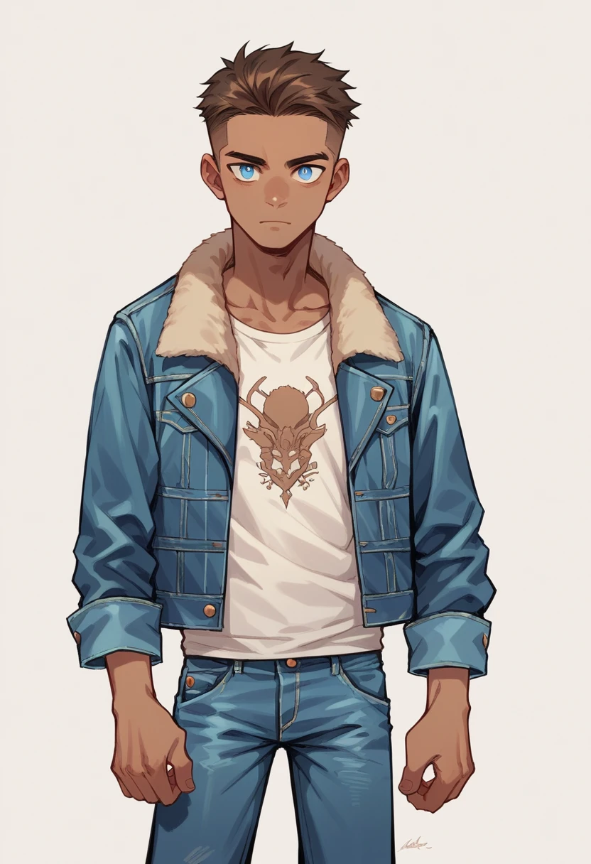  Human Male Young adult, clear  skin , Brown fade haircut, blue pupils, wearing Pants , wearing Denim Jacket , 