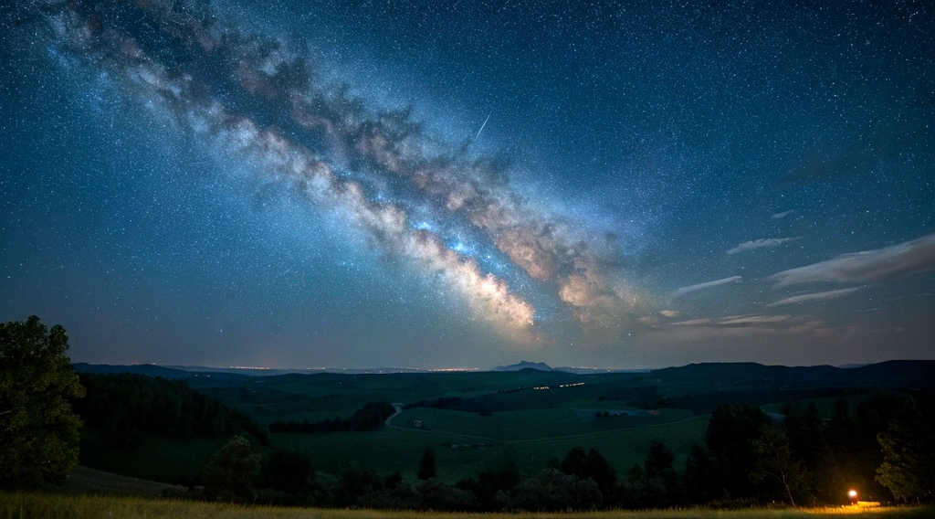 Vast night sky、peaceful、Starry Sky、Cinematic、8K、Ultra HD。