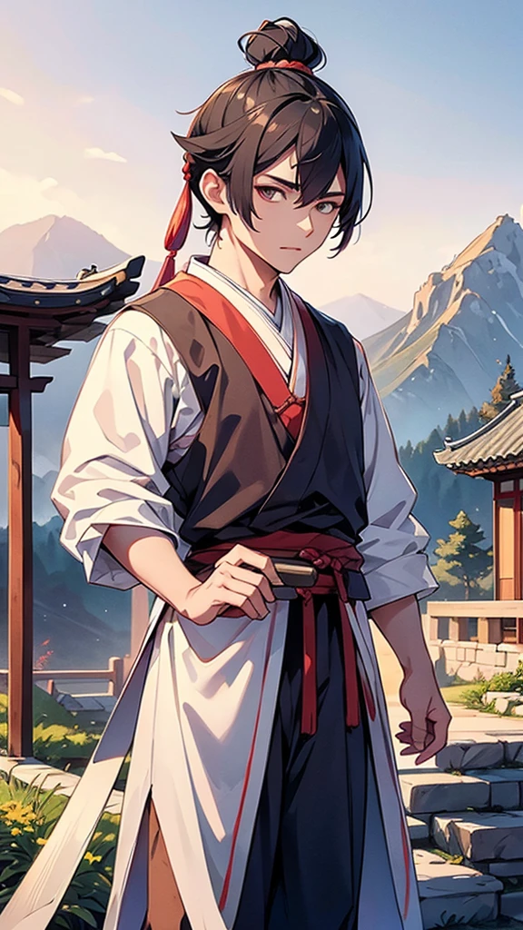  young ancient Chinese man dressed in traditional Hanfu, with a topknot hairstyle, holding a sword. The background should evoke a serene and majestic atmosphere, with elements like misty mountains, ancient architecture, or a blooming garden to enhance the historical setting."
