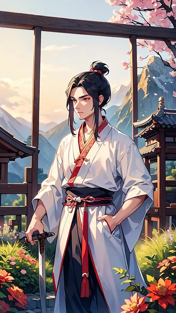 young ancient Chinese man dressed in traditional Hanfu, with a topknot hairstyle, holding a sword. The background should evoke a serene and majestic atmosphere, with elements like misty mountains, ancient architecture, or a blooming garden to enhance the historical setting."