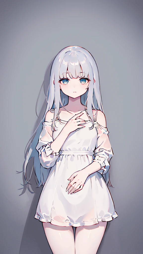 (Only long straight black hair,Air bangs),(innocent,Big aqua eyes,like a gem),(C cup,Petite stature,fair skin),(Only wearing a pure white dress,Flat mouth,spaghetti straps),(The length of the dress should not exceed the thigh,You should be able to see the curve of your thighs),(Replace the background in the label with a solid black and gray background),(Hands hanging on both sides of the body,Hide hands,Standing posture,Looks a little shy)