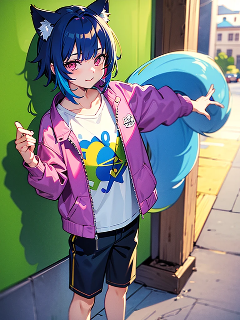 1boy, cat boy, (two tails, blue tails, fluffy tail), solo, short hair, curly hair, brown hair, long bangs, multicolored bangs, (green hair, blue hair, purple hair, red hair, pink hair, blonde bangs), multicolored eyes, (red eyes, yellow eyes), simple shirt, purple shirt, heart shirt, denim jacket, open jacket, denim shorts, white sneakers, candy stickers on jacket, holfing a sketchbook, showing off his sketch, looking at viewer, playful, cheerful, happy, masterpiece, best quality, ultra sharp, 8k, city, puffy clouds, standing,
