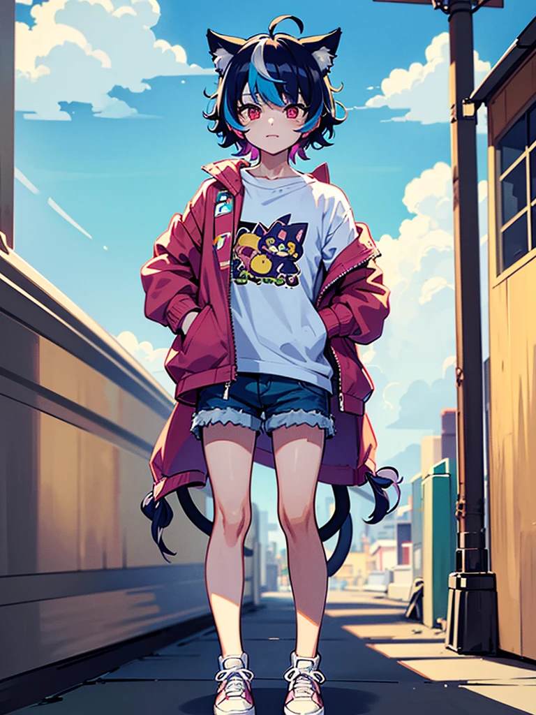 1boy, cat boy, (two tails, blue tails, fluffy tail), solo, short hair, curly hair, brown hair, long bangs, multicolored bangs, (green hair, blue hair, purple hair, red hair, pink hair, blonde bangs), multicolored eyes, (red eyes, yellow eyes), simple shirt, purple shirt, heart shirt, denim jacket, open jacket, denim shorts, white sneakers, candy stickers on jacket, holfing a sketchbook, showing off his sketch, looking at viewer, playful, cheerful, happy, masterpiece, best quality, ultra sharp, 8k, city, puffy clouds, standing,