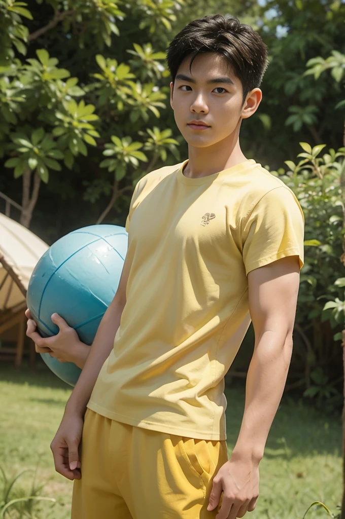 A handsome, muscular young Asian man looks at the camera. In a plain yellow t-shirt , Fieldside, grass, beach, sunlight