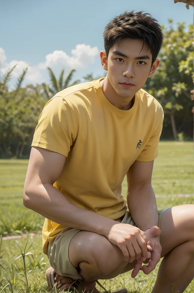 A handsome, muscular young Asian man looks at the camera. In a plain yellow t-shirt , Fieldside, grass, beach, sunlight