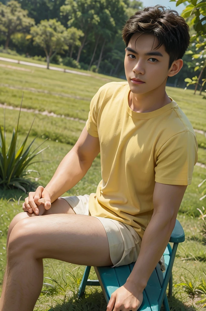 A handsome, muscular young Asian man looks at the camera. In a plain yellow t-shirt , Fieldside, grass, beach, sunlight