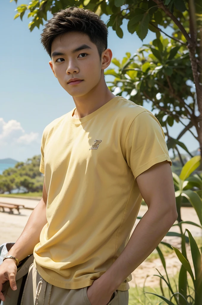 A handsome, muscular young Asian man looks at the camera. In a plain yellow t-shirt , Fieldside, grass, beach, sunlight